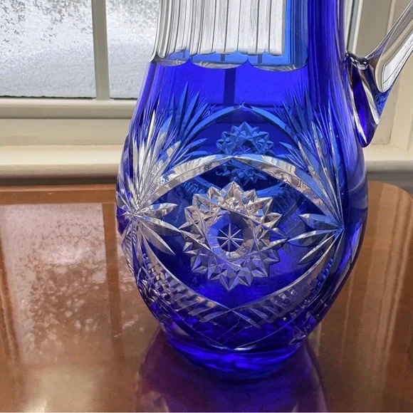 Bohemian Cobalt Blue Cut Crystal Pitcher | Hand Cut Czech Lead Crystal Barware - Picture 14 of 15